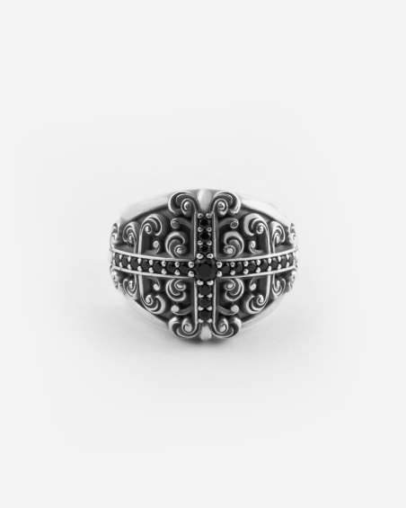 BAGUE CHEVALIÈRE HERENCIA EN ARGENT AVEC CROIX DE PIERRES NOIRS