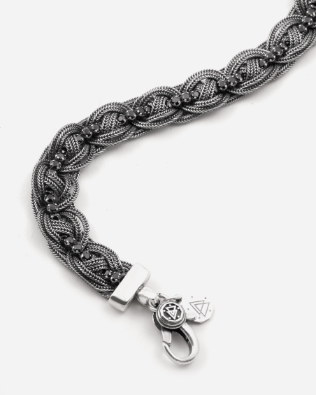 PULSERA TENNIS COLA DE ZORRO TRENZATA GRANDE DE PLATA CON PIEDRAS NEGRAS